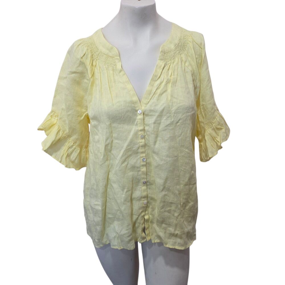 Lilly Pulitzer Tayla Linen Top Yellow Ruffle Sleeve Button Front Blouse